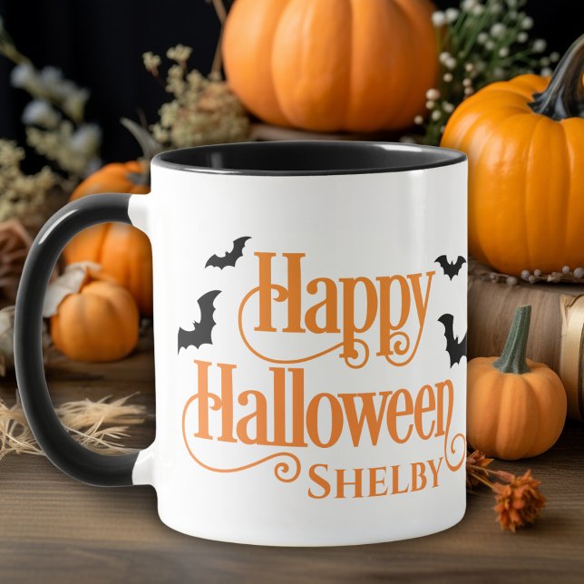 Taza Halloween Naranja y negro personalizado (Personalized Black and Orange Happy Halloween Mug - Just add your name!)