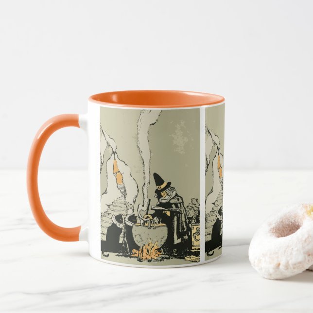 Taza Halloween vintage, bruja con caldero y gatos (Con donut)