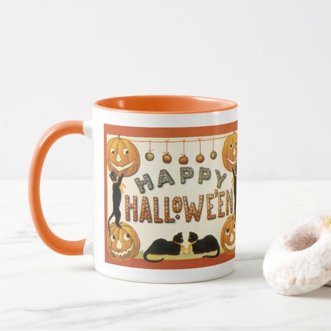 Taza Halloween vintage, gatos negros con farolas (Con donut)
