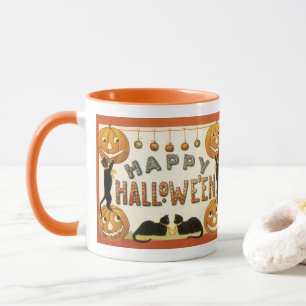 Taza Halloween vintage, gatos negros con Jackolanterns