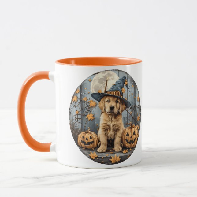 Taza Halloween Witch Golden Retriever Puppy Pumpkins (Izquierda)