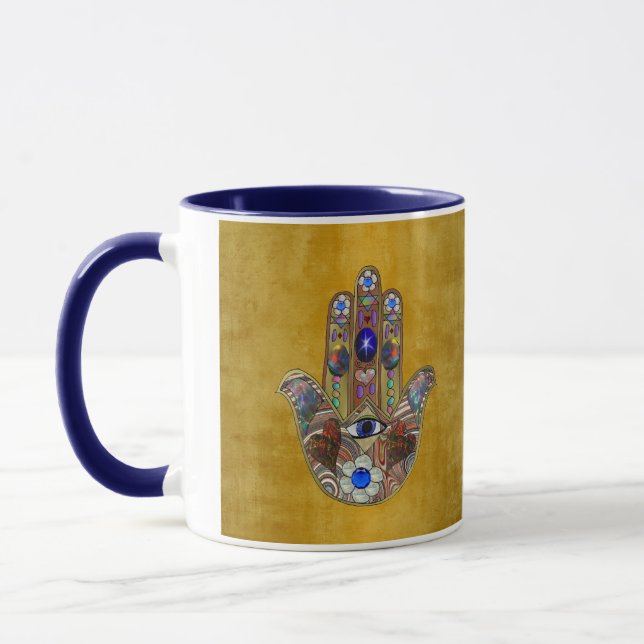 Taza Hamsa Hearts Flores: Arte Opal sobre Oro (Izquierda)