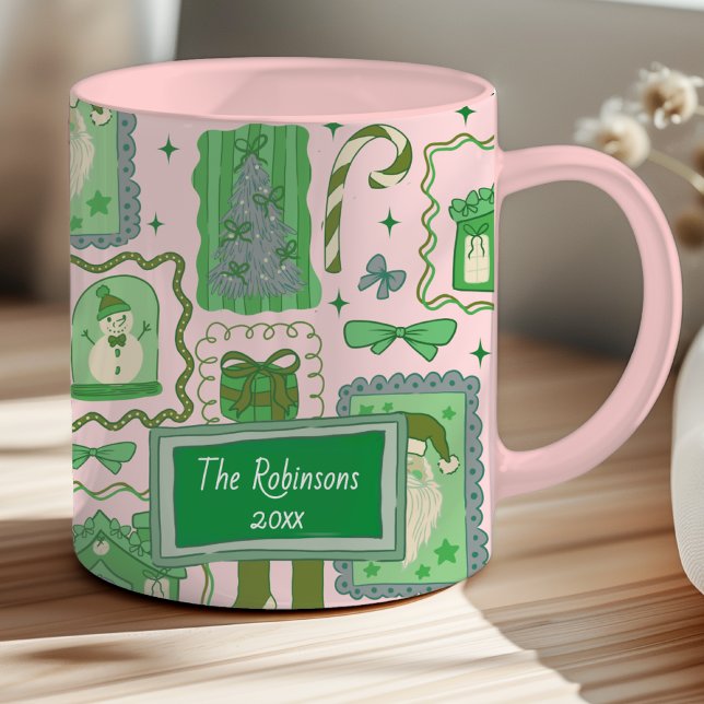 Taza Hand Drawn doodle green pink christmas (Subido por el creador)