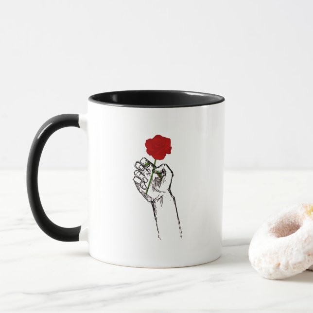 Taza Hand Holding Rose Minimal Art – Elegant Floral Cof (Con donut)