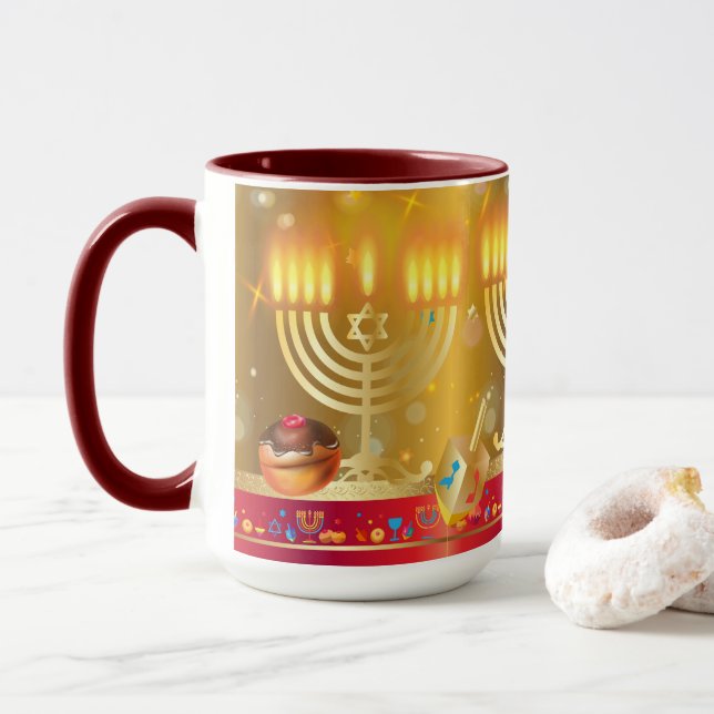 Taza Hanukkah Hermosa festividad judía de oro (Con donut)