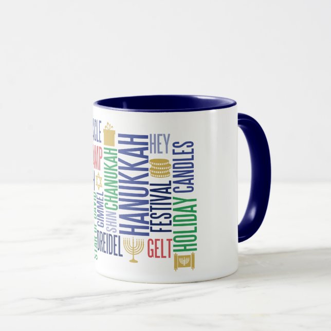 Taza Hanukkah Palabras del café festivo Mug (Anverso derecho)