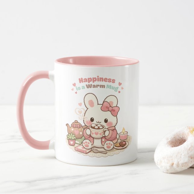 Taza Happiness is a Warm Mug Cute Bunny Rabbit Pink (Con donut)