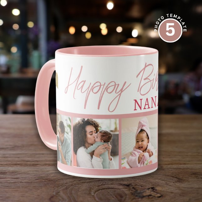 Taza Happy Birthday Nana 5 Photo Collage Pink (Subido por el creador)