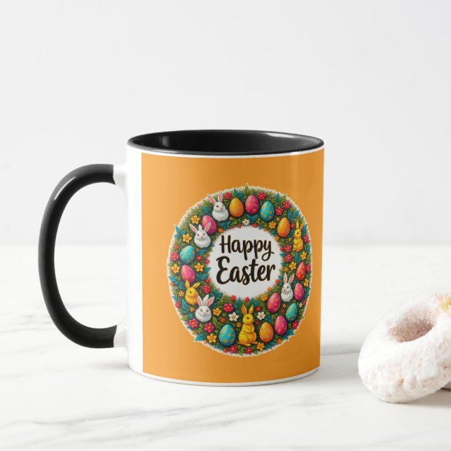 Taza Happy Easter Wreath – Bunny & Eggs caneca (Con donut)