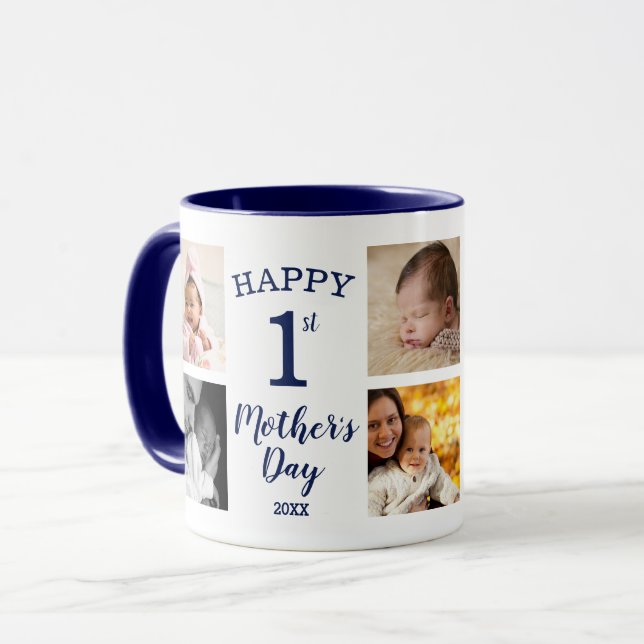 Taza Happy First Mother's Day 8 Photo Collage Navy Blue (Anverso izquierdo)