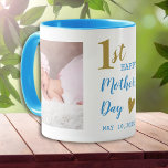 Taza Happy First Mother's Day Blue And Gold  2 Photo<br><div class="desc">A cute photo mug gift for new mommy personalized for her 1st mother's day .</div>