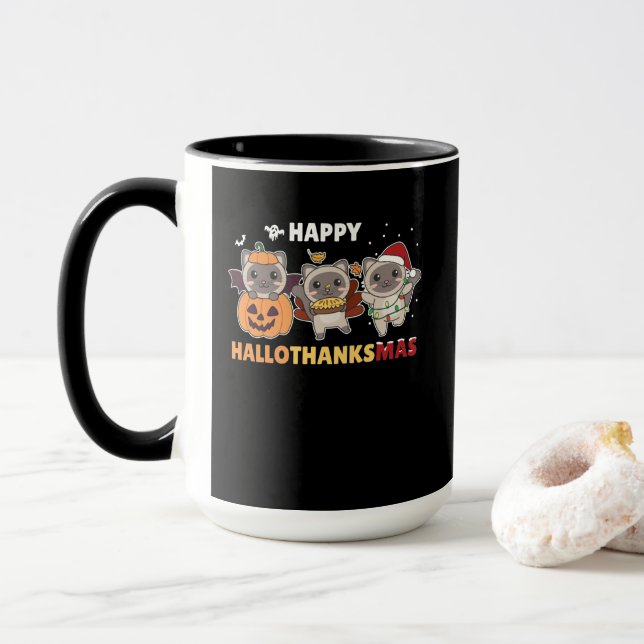 Taza Happy Hallothanksmas Cat Christmas Elephant (Con donut)