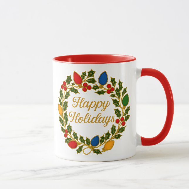 Taza Happy Holidays Wreath Christmas Lights and Holly (Derecha)