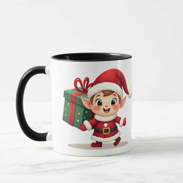 Taza Happy Kawaii Santa's Elf Helper Carrying Gift (Izquierda)