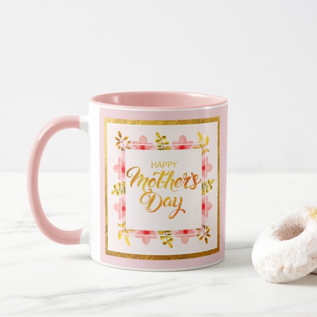 Taza Happy Mother's Day Floral, Elegant Pink & Gold  (Con donut)