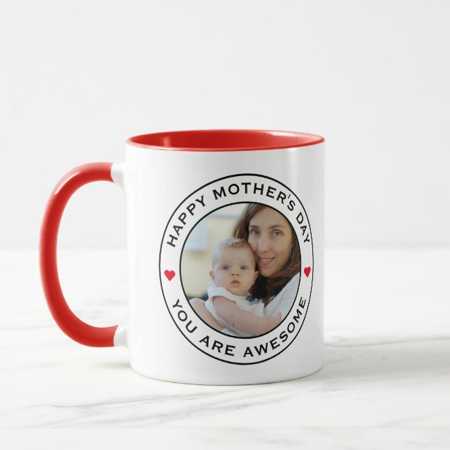 Taza Happy Mothers Day Photo Heart Red White Black Text (Izquierda)
