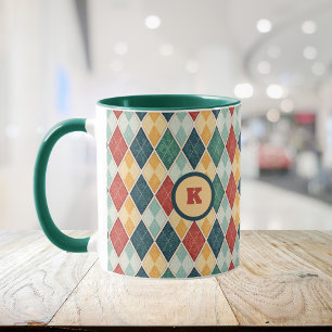 Taza Harlequin Retro Red Gold Green Argyle Inicial