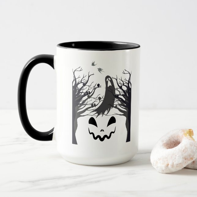 Taza Haunted Forest Ghost Mug – Dark & Spooky Silhouett (Con donut)