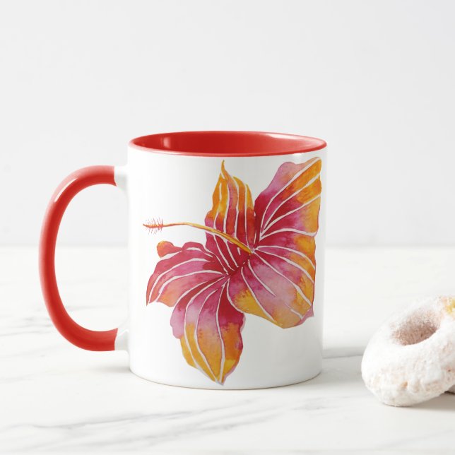 Taza Hawai Hibiscus Mug Floral Rosa y Rojo (Con donut)