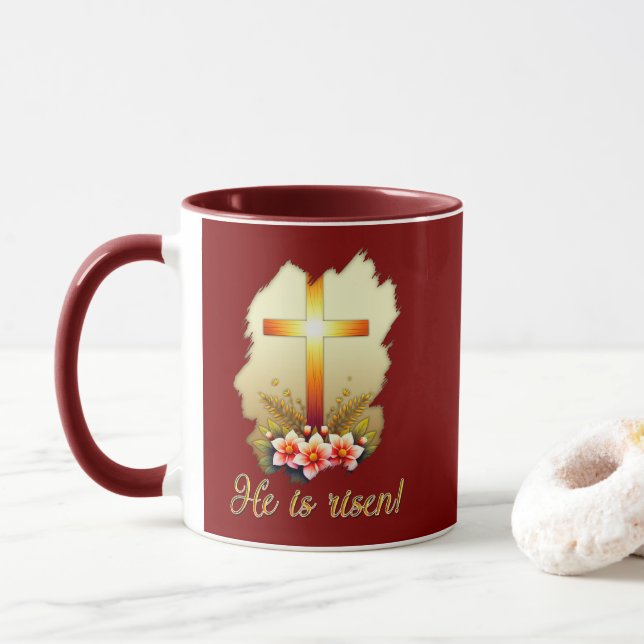 Taza He Is Risen – Christian Easter Cross Art - caneca (Con donut)