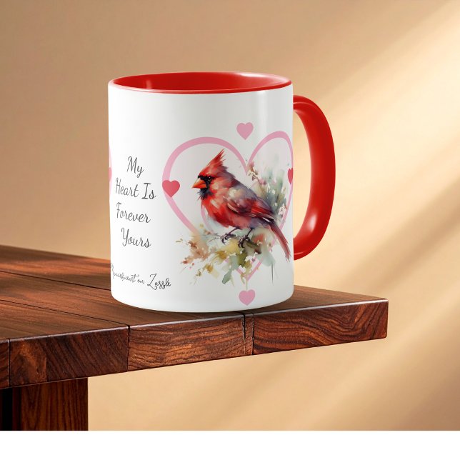 Taza  Heart  'Forever' Red Cardinal Heart Personalize (Customize the Script.)