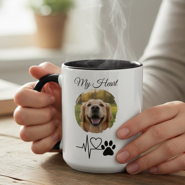 Taza Heartbeat Paw Print Pet Photo Mug (Pet lover photo coffee mug)