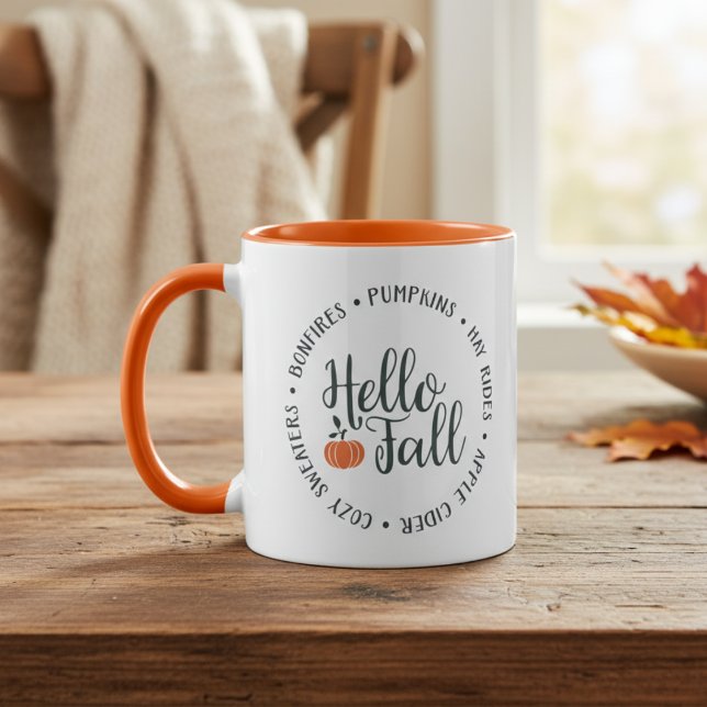 Taza Hello Fall Two-Toned (Hello Fall Two-Toned Mug.  Bonfires, Pumpkins, Hay Rides, Apple Cider, Cozy Sweaters.)