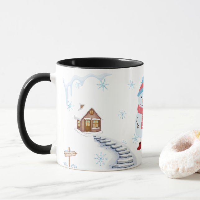 Taza Hello Winter Snowman Mug • Cozy Snowy Landscape Wi (Con donut)