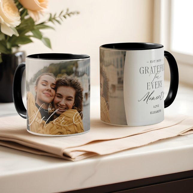 Taza Hermana Script: El Corazón Agradecido Cada Momento (Sister Script Heart Grateful Every Moment Photo Mug)