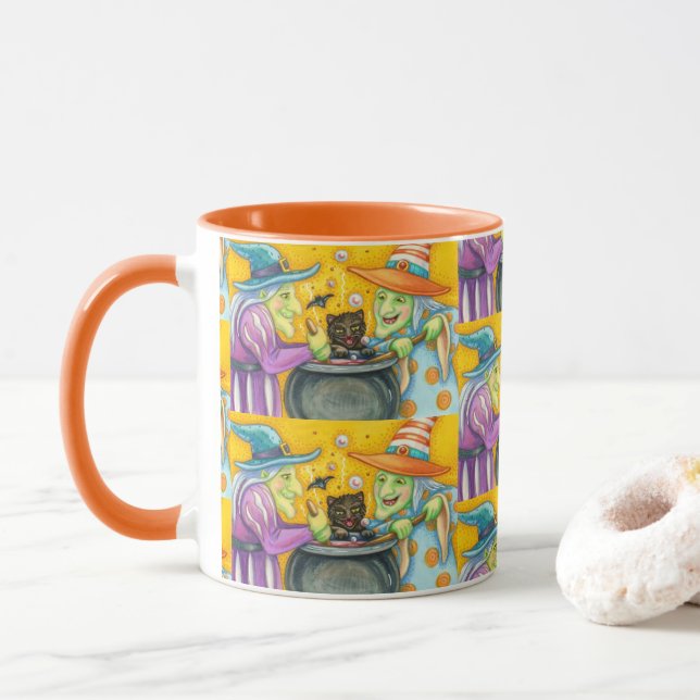 TAZA HERMANAS DE BRAZA, GATO NEGRO Y HALLOWEB BREW (Con donut)