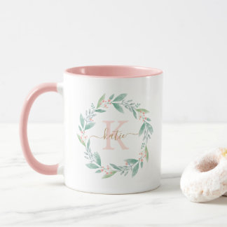 Taza Hermosa acuarela Floral Wreath Monograma