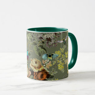 Taza Hermosa ave exótica, fondo verde pantano