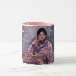 Taza Hermosa dama japonesa con una botella de perfume