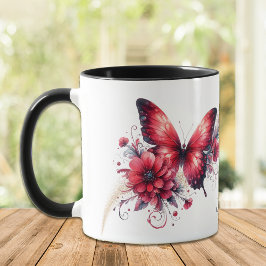 Taza Hermosa mariposa floral de fantasía roja