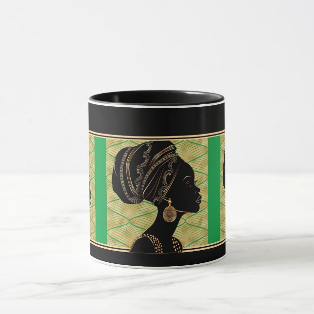 Taza Hermosa mujer afroamericana verde oro negro (Centro)