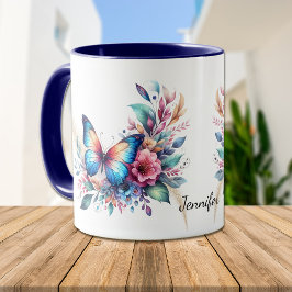 Taza Hermosa Naranja Azul Fantasy Mariposa Floral