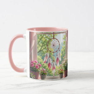Taza Hermoso atrapasueños rosa y plantas en alféizar de