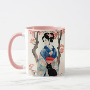 Taza Hermoso Chica japonés con un gato negro
