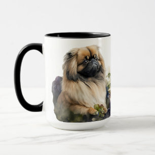 TAZA HERMOSO COLOR ACUÁTICO PERRO Y FLORES PEKINGESES
