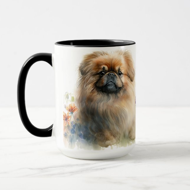 TAZA HERMOSO COLOR ACUÁTICO PERRO Y FLORES PEKINGESES (Izquierda)