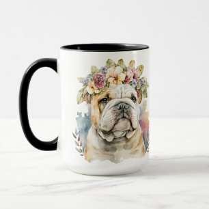 TAZA HERMOSO COLOR DE AGUA MARRÓN BLANCO BULLDOG PERRO
