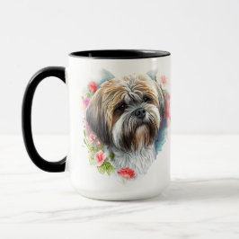 TAZA HERMOSO COLOR DE AGUA MARRÓN BLANCO LHASA APSO DOG