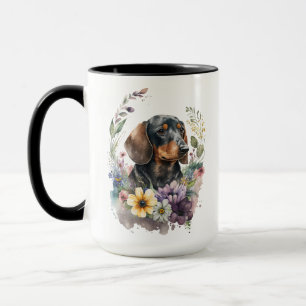 TAZA HERMOSO COLOR DE AGUA NEGRO & TAN DACHSHUND PERRO