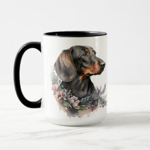 TAZA HERMOSO COLOR DE AGUA NEGRO & TAN DACHSHUND PERRO
