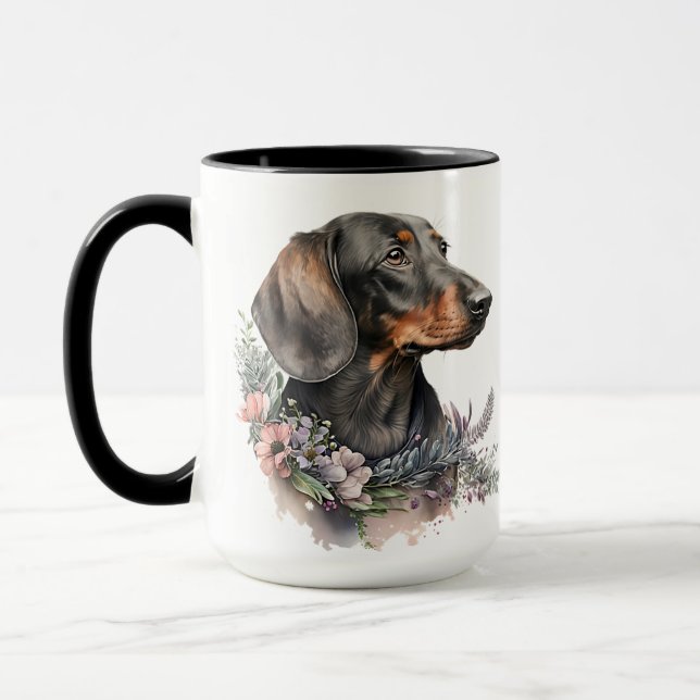 TAZA HERMOSO COLOR DE AGUA NEGRO & TAN DACHSHUND PERRO (Izquierda)