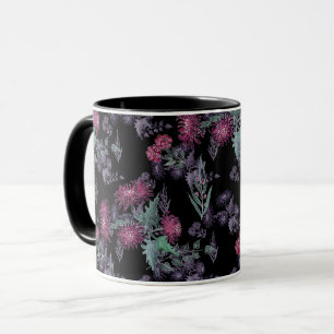 Taza Hermoso crisantemo flores rojas verde gris hoja
