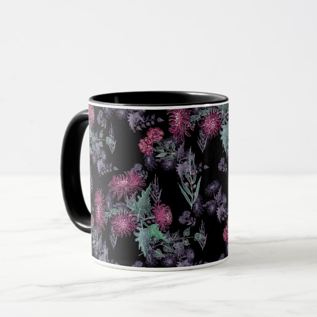 Taza Hermoso crisantemo flores rojas verde gris hoja (Anverso izquierdo)