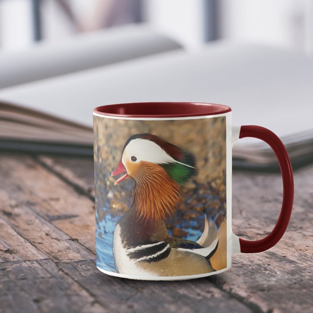 Taza Hermoso pato chatty mandarín sobre las rocas (Chatty Mandarin Duck at the Lake 11 oz Coffee Mug Cover Photo.)