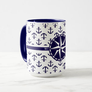 Taza Hermoso patrón de ancla azul Tema Náutico