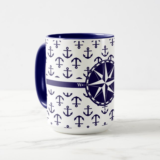 Taza Hermoso patrón de ancla azul Tema Náutico (Anverso izquierdo)